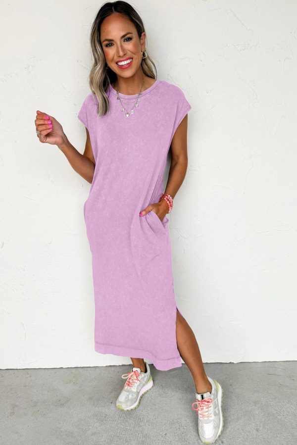 Women Wisteria Mineral Wash Pocketed T-Shirt Dress | Midi Dresses - Image 2