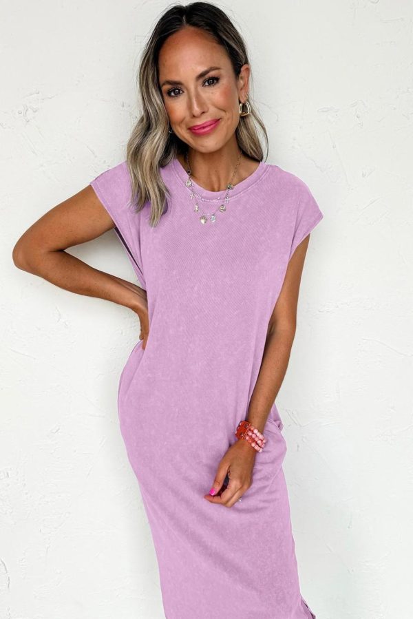 Women Wisteria Mineral Wash Pocketed T-Shirt Dress | Midi Dresses - Image 4
