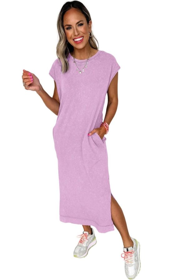 Women Wisteria Mineral Wash Pocketed T-Shirt Dress | Midi Dresses - Image 5