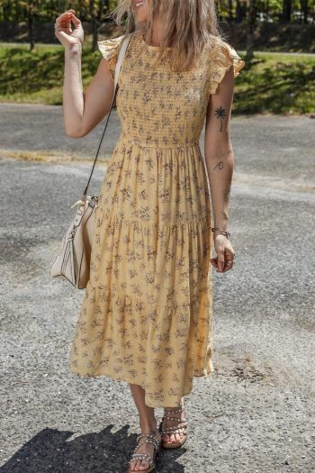 Women Yellow Boho Floral Print Ruffle Shirred Flowy Summer Dress | Midi Dresses