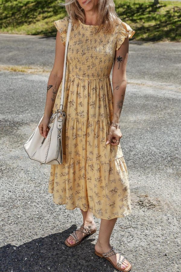 Women Yellow Boho Floral Print Ruffle Shirred Flowy Summer Dress | Midi Dresses - Image 2