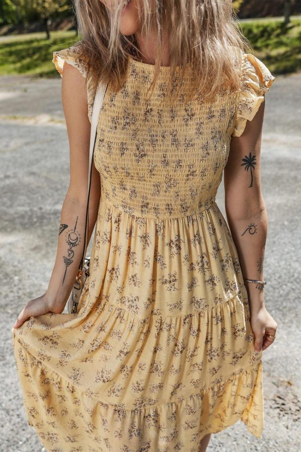 Women Yellow Boho Floral Print Ruffle Shirred Flowy Summer Dress | Midi Dresses - Image 3