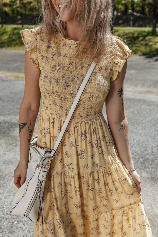 Women Yellow Boho Floral Print Ruffle Shirred Flowy Summer Dress | Midi Dresses - Image 4