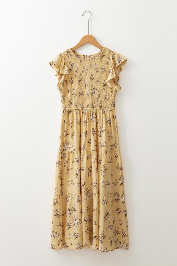 Women Yellow Boho Floral Print Ruffle Shirred Flowy Summer Dress | Midi Dresses - Image 5