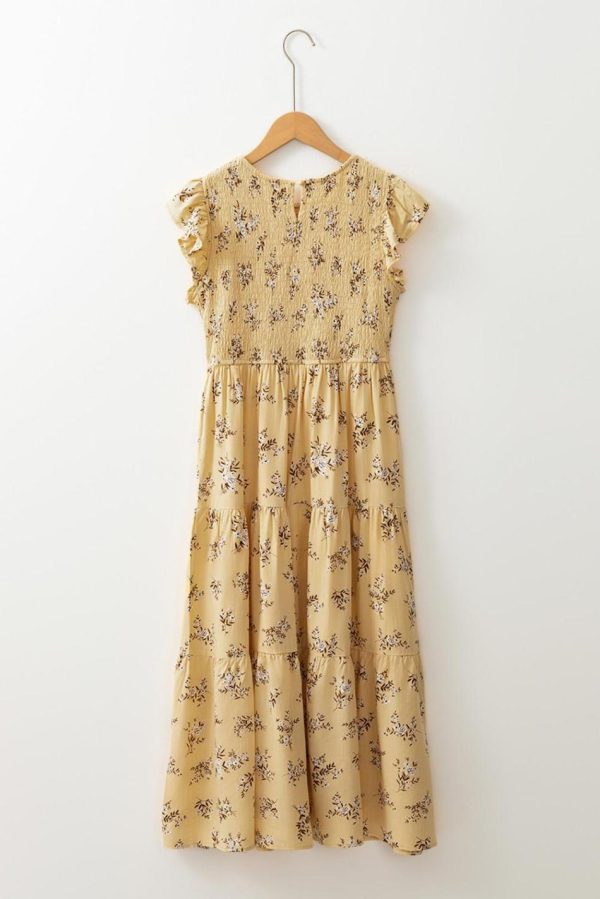 Women Yellow Boho Floral Print Ruffle Shirred Flowy Summer Dress | Midi Dresses - Image 6