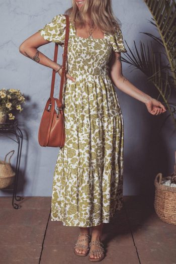 Women Yellow Boho Floral Print Square Neck Puff Sleeve Tiered Maxi Dress | Maxi Dresses