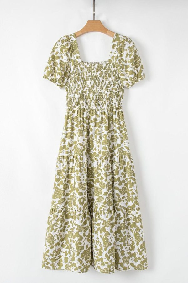 Women Yellow Boho Floral Print Square Neck Puff Sleeve Tiered Maxi Dress | Maxi Dresses - Image 5