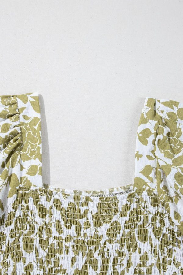 Women Yellow Boho Floral Print Square Neck Puff Sleeve Tiered Maxi Dress | Maxi Dresses - Image 7