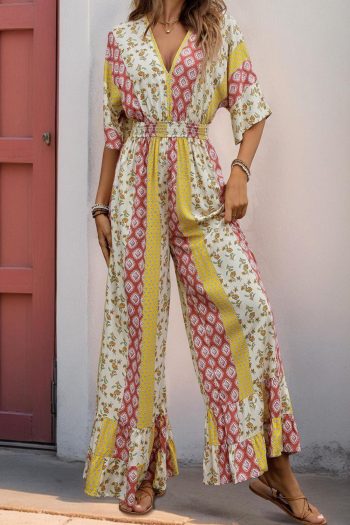 Women Yellow Boho V Neck Half Sleeve Patchwork Maxi Dress | Maxi Dresses