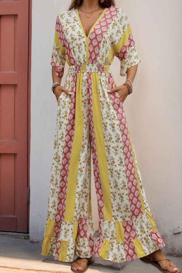Women Yellow Boho V Neck Half Sleeve Patchwork Maxi Dress | Maxi Dresses - Image 2