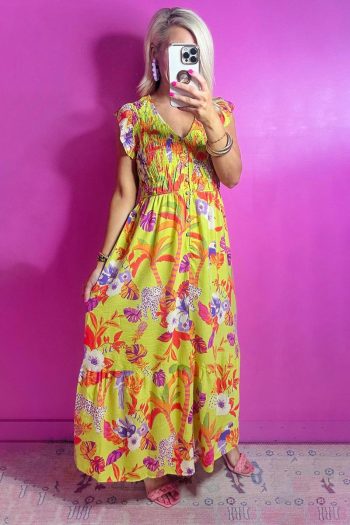 Women Yellow Cheetah Tropical Print Shirred Button V Neck Maxi Dress | Maxi Dresses