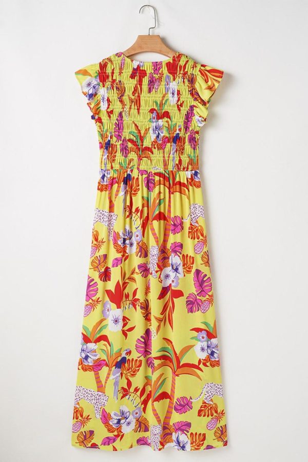 Women Yellow Cheetah Tropical Print Shirred Button V Neck Maxi Dress | Maxi Dresses - Image 3
