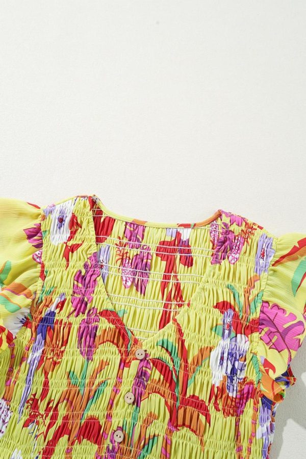 Women Yellow Cheetah Tropical Print Shirred Button V Neck Maxi Dress | Maxi Dresses - Image 4
