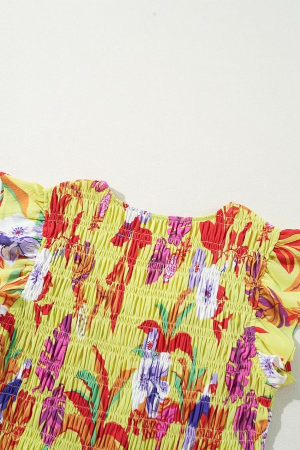 Women Yellow Cheetah Tropical Print Shirred Button V Neck Maxi Dress | Maxi Dresses - Image 5