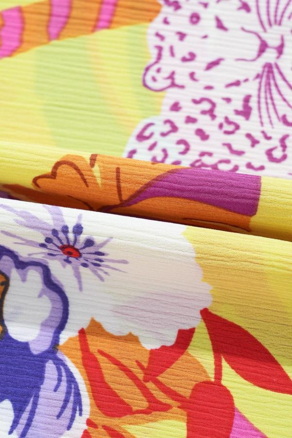 Women Yellow Cheetah Tropical Print Shirred Button V Neck Maxi Dress | Maxi Dresses - Image 7