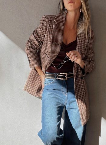 Blazer Marron À Col Revers Et Motif Pied-De-Poule | Women Blazers