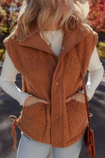 Gilet En Fausse Fourrure Cannelle Avec Boutons-Pression Sur Le Devant Et Nœud Sur Le Côté | Women Coats