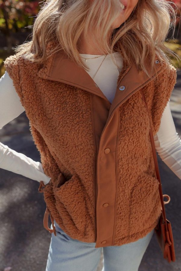 Gilet En Fausse Fourrure Cannelle Avec Boutons-Pression Sur Le Devant Et Nœud Sur Le Côté | Women Coats - Image 2