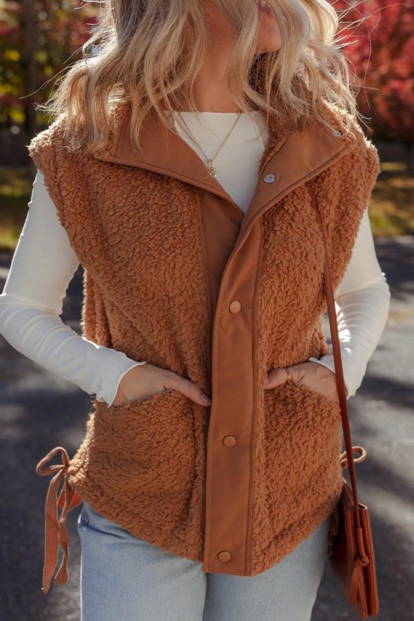Gilet En Fausse Fourrure Cannelle Avec Boutons-Pression Sur Le Devant Et Nœud Sur Le Côté | Women Coats - Image 4