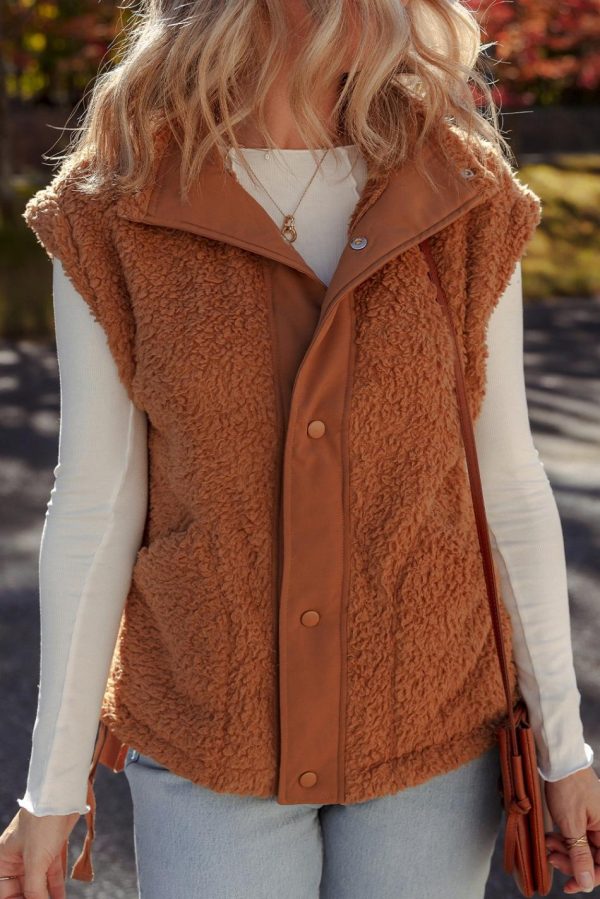 Gilet En Fausse Fourrure Cannelle Avec Boutons-Pression Sur Le Devant Et Nœud Sur Le Côté | Women Coats - Image 5