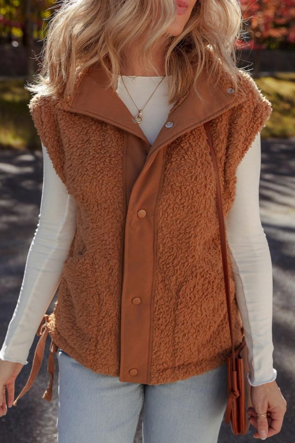 Gilet En Fausse Fourrure Cannelle Avec Boutons-Pression Sur Le Devant Et Nœud Sur Le Côté | Women Coats - Image 6