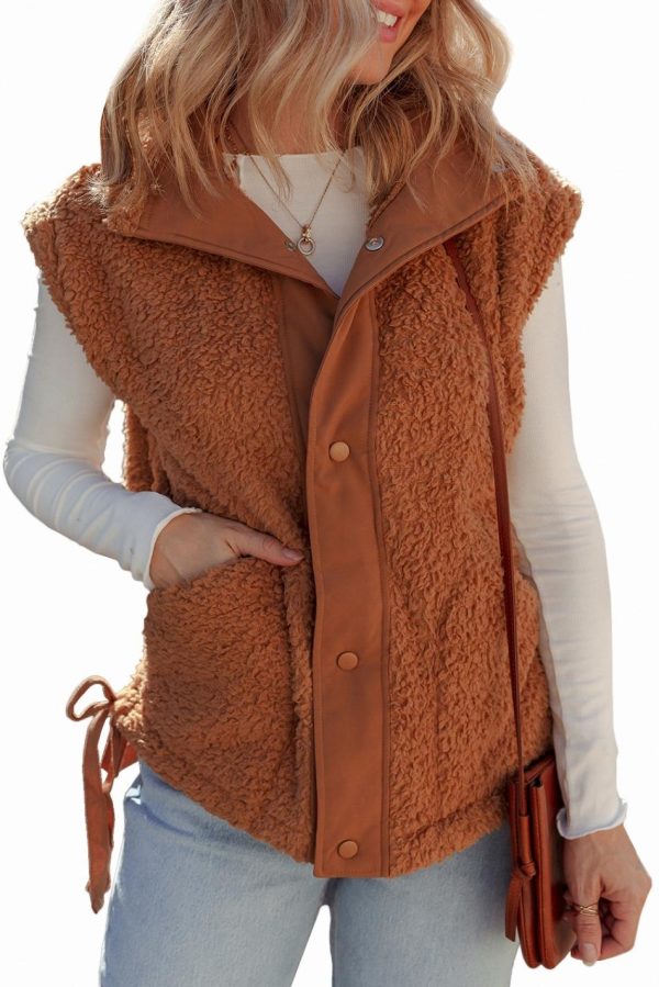 Gilet En Fausse Fourrure Cannelle Avec Boutons-Pression Sur Le Devant Et Nœud Sur Le Côté | Women Coats - Image 7