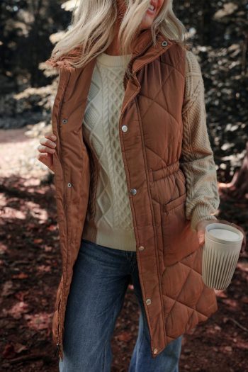 Manteau Gilet Matelassé Avec Poches Et Col Montant Coffee Puffer | Women Coats