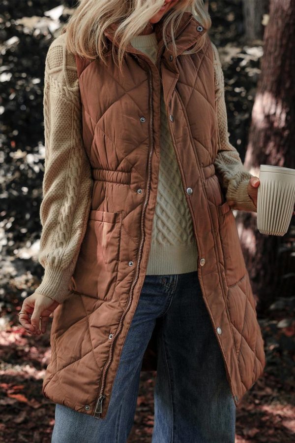 Manteau Gilet Matelassé Avec Poches Et Col Montant Coffee Puffer | Women Coats - Image 2