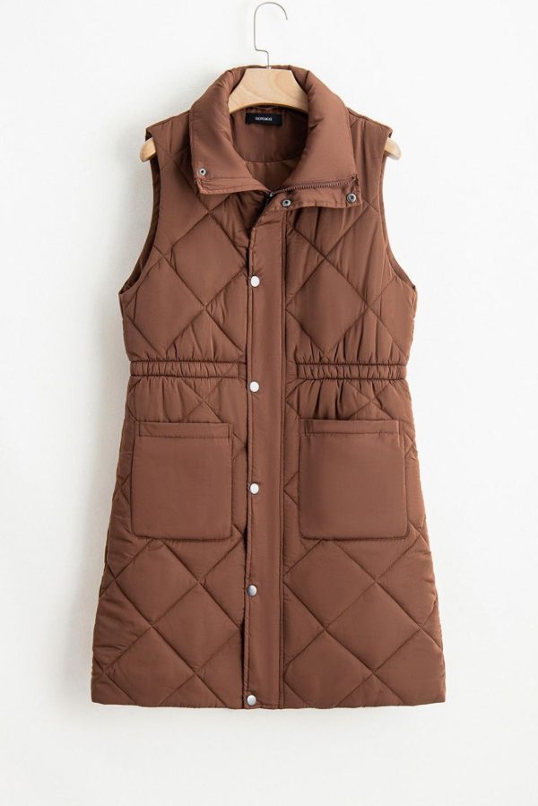 Manteau Gilet Matelassé Avec Poches Et Col Montant Coffee Puffer | Women Coats - Image 4