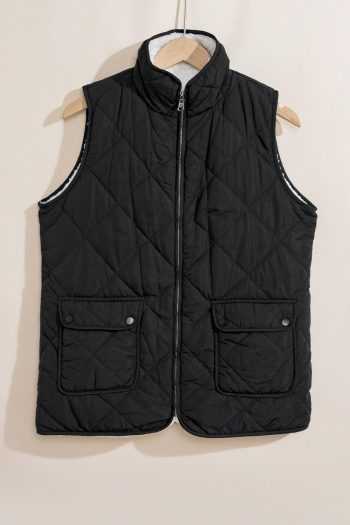 Manteau Gilet Matelassé Noir Doublé De Polaire Avec Fermeture Éclair | Women Coats