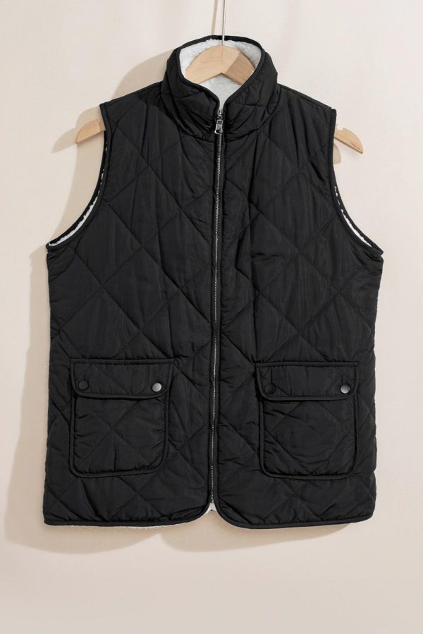 Manteau Gilet Matelassé Noir Doublé De Polaire Avec Fermeture Éclair | Women Coats