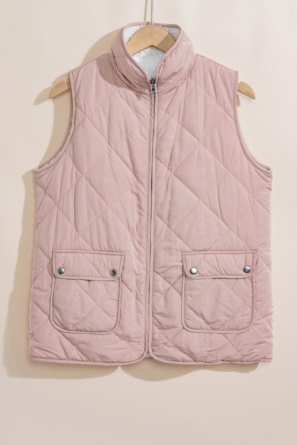 Manteau Gilet Matelassé Rose Doublé De Polaire Avec Fermeture Éclair | Women Coats