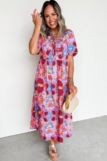 Women Rose Floral Print Tie Front High Waist Loose Midi Dress | Midi Dresses
