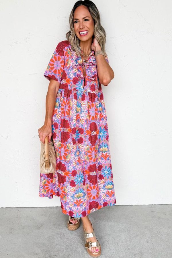 Women Rose Floral Print Tie Front High Waist Loose Midi Dress | Midi Dresses - Image 2