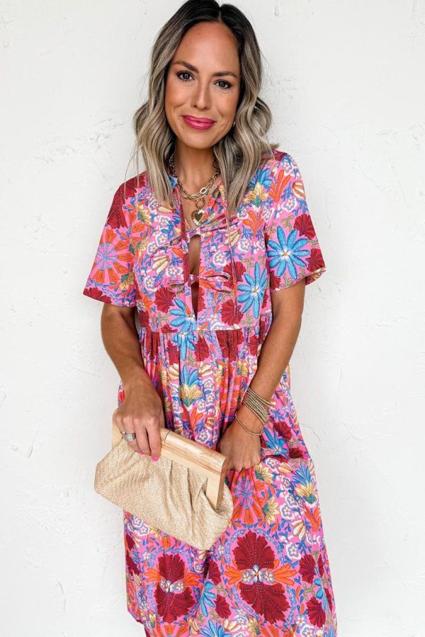 Women Rose Floral Print Tie Front High Waist Loose Midi Dress | Midi Dresses - Image 3