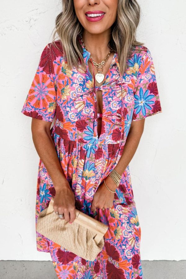 Women Rose Floral Print Tie Front High Waist Loose Midi Dress | Midi Dresses - Image 4