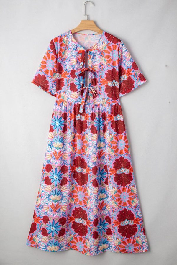 Women Rose Floral Print Tie Front High Waist Loose Midi Dress | Midi Dresses - Image 5