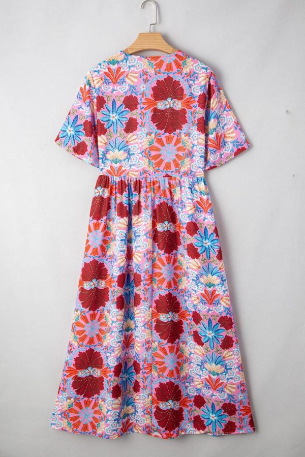 Women Rose Floral Print Tie Front High Waist Loose Midi Dress | Midi Dresses - Image 6